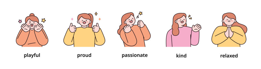 Wall Mural - positive emotion expression set-4. women upper body character. outline vector illustration.