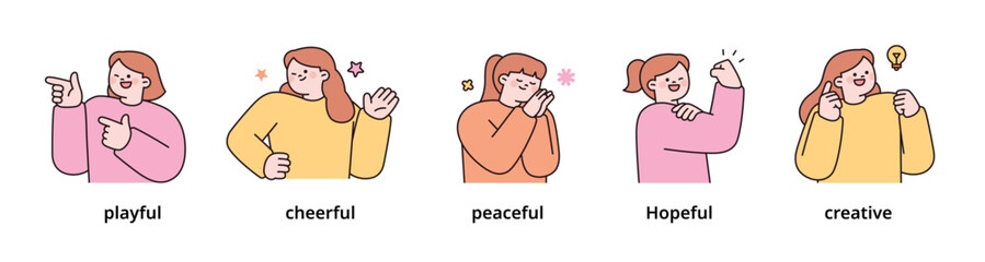 Wall Mural - positive emotion expression set-4. women upper body character. outline vector illustration.