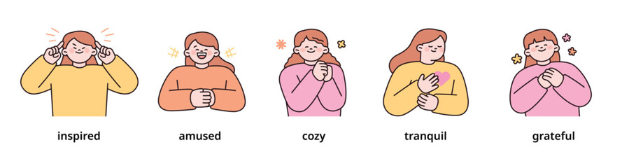 Wall Mural - positive emotion expression set-3. women upper body character. outline vector illustration.