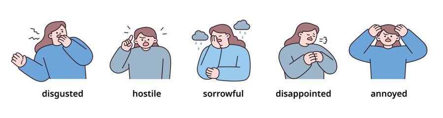 Wall Mural - negative emotion expression set-3. women upper body character. outline vector illustration.