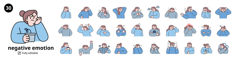 Wall Mural - negative emotion expression mega set. women upper body character. outline vector illustration.