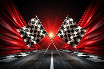 Two checkered flags are flying in the air, one on the left and one on the right