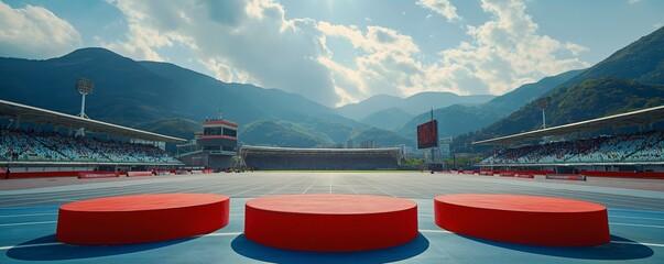 Red Olympic Podiums on a Track in a Stadium with Spectators and Mountainous Backdrop, Capturing the Spirit of Athletic Achievement.