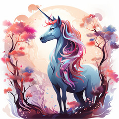 Wall Mural - A blue unicorn with a pink mane stands in front of trees. The image has a whimsical and playful mood, with the unicorn being the main focus. The trees in the background add a sense of depth