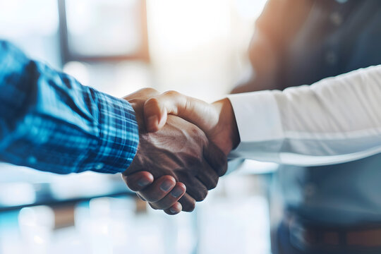 Two men shake hands in a business meeting after agreement.