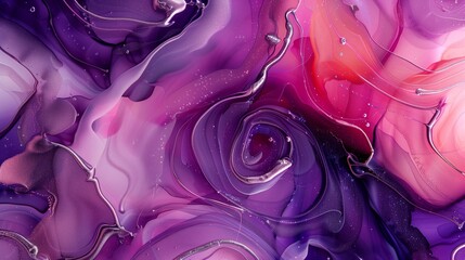 Poster - : A captivating alcohol ink abstract background with swirling purples and pinks, highlighted by hints of metallic silver for a luxurious feel.
