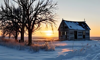 Wall Mural - Dilapidated farmhouse basking in the soft glow of sunrise snow blanketed roof, Ai Generated