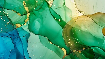 Poster - : A lively alcohol ink abstract background with vibrant greens and blues, blending seamlessly with metallic gold details for a dynamic visual experience.