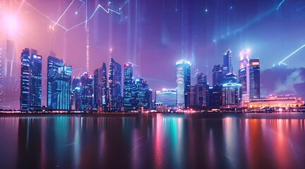 Abstract digital technology background with a smart city and night skyline