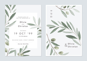 Wall Mural - Wedding invitation template, olive branches on grey background