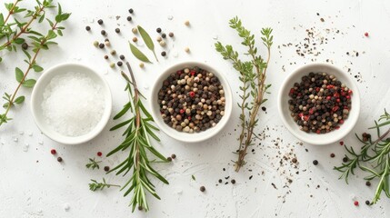 Wall Mural - Salt peppercorns thyme and rosemary arranged in dishes on a bright surface from a top down perspective