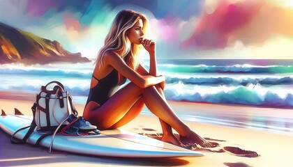 Woman sitting on surfboard at the beach with ocean waves and colorful sunset in the background
