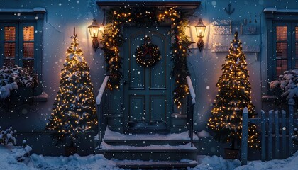 Wall Mural - Christmas scene featuring two trees on either side of the door