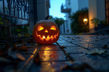 Spooky evil jack-o-lantern glowing lit pumpkin face wet raining pavers road outdoor  night bokeh orange light carved scary face fall October jack lantern decoration copy space product mockup banner