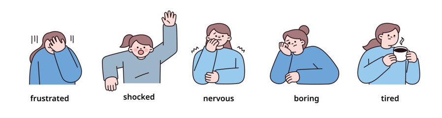 Wall Mural - negative emotion expression set-5. women upper body character. outline vector illustration.