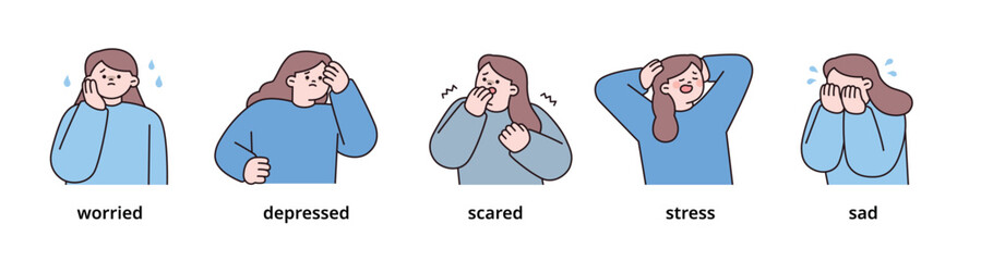 Wall Mural - negative emotion expression set-6. women upper body character. outline vector illustration.