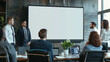 © Ahmad - Boardroom presentation with a large blank portrait TV screen, team assembled around.