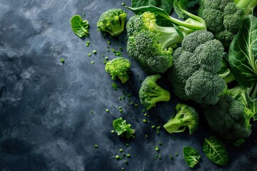 Wall Mural - Fresh ripe broccoli on a dark background, top view