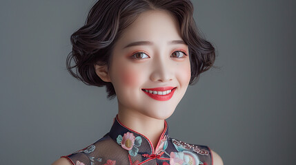 Wall Mural - An elegant young Chinese woman in a cheongsam against a grey background