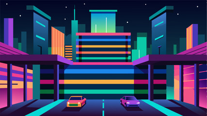 LED lights embedded into each level of the parking structure give a colorful glow to the already futuristic cityscape.. Vector illustration