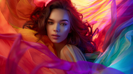 Wall Mural - A beautiful woman with wavy hair wearing an outfit made of colorful glowing fabric