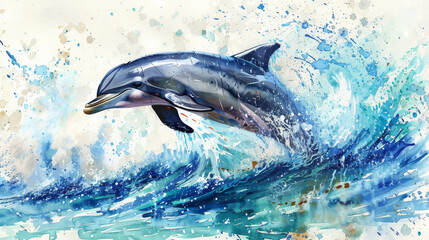 Wall Mural - A dolphin is leaping out of the water, creating a splash