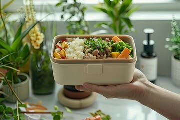 Wall Mural - Female hand displaying a lunch box containing a variety of healthy foods on the table