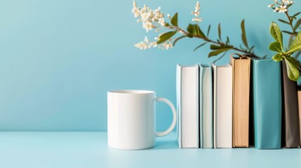 Books and coffee mug or tea for relaxing time reading copy space background