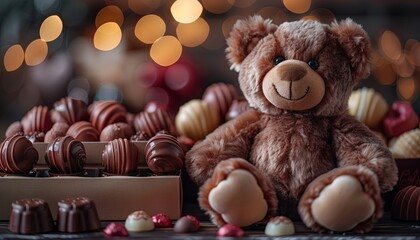 Canvas Print - A teddy bear is sitting on a table with a box of chocolates