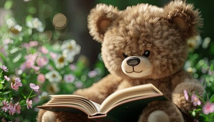 Canvas Print - A teddy bear is sitting in a field of flowers and reading a book