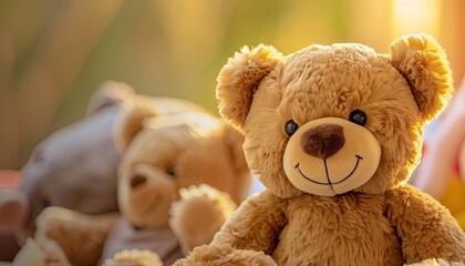 Canvas Print - A teddy bear is sitting on a bed with two other teddy bears
