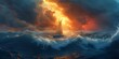 © Wipada - Landscape painting features battleship sail boat in the sea ocean, during sunset,  moody vintage classic wall art, background, wallpaper