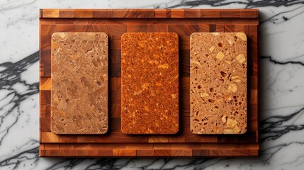 Wall Mural -  Three slices of bread on a marble counter, one atop a cutting board, beside another cutting board holding two slices