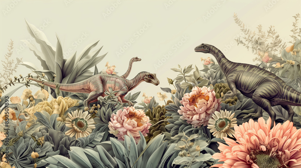vintage style dinosaur floral illustration wallpaper, dino birthday ...