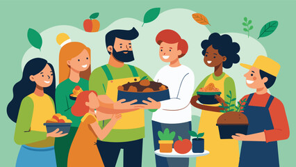 Wall Mural - A community potluck organized to celebrate the success of the composting project where everyone brings a dish made with ingredients grown from the neighborhoods own soil.. Vector illustration