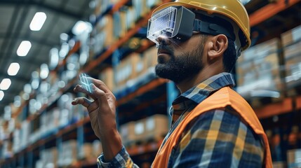 Aufkleber - A warehouse manager using a virtual digital management system through augmented reality technology in modern warehouse. Generative AI.