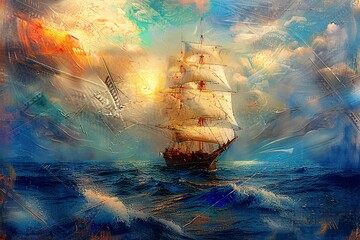 Wall Mural - Landscape oil painting features battleship sail boat in the stormy sea ocean, moody vintage classic wall art, background, wallpaper 