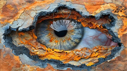  A tight shot of an eye peering through a fissure in an orange and gray rock wall, bearing a central black hole instead of a pupil