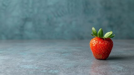 Wall Mural -  A close-up of a strawberry on a table The strawberry is topped with a green leaf The table's surface, at the top, features a blue wall