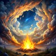 © MOIZ - a painting of a cloudy sky with a fire in the midd