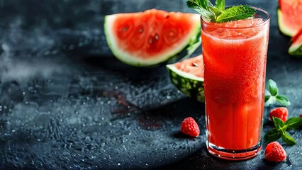 Wall Mural - Fresh watermelon smoothie with mint garnish, surrounded by slices and red berries