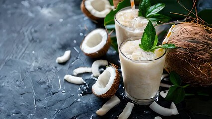 Wall Mural - Refreshing coconut drinks with ice and mint garnish surrounded by pieces