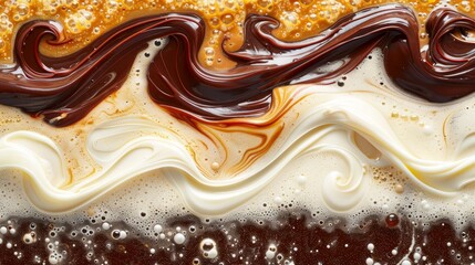 Wall Mural - chocolate, cream, and caramel swirls adorn the surface; white and brown frosting underneath; gold sprinkles decorate the edges