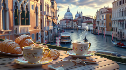 a cup of coffee and croissant on the table, background is Venice with canals