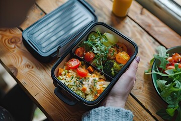 Hand of a lady displaying a lunch box featuring healthy meal choices on the table