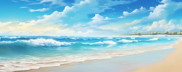  A peaceful seascape with white sand beach and azure blue water under a clear sky.