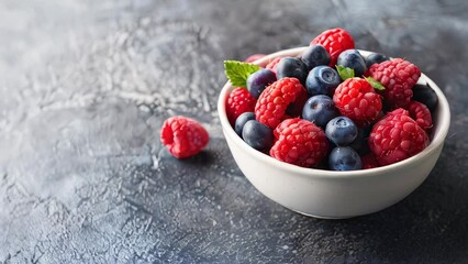 Wall Mural - White bowl with fresh raspberries and blueberries on textured surface