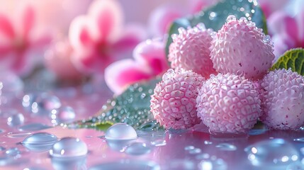 Wall Mural -   A close-up of a bouquet of flowers, adorned with droplets of water on their delicate petals, while a lush green leaf is positioned at the edge of the