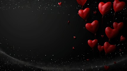 Wall Mural -   Red heart-shaped balloons float in black night sky on a background