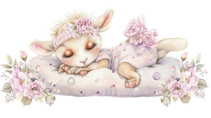 Wall Mural -   Watercolor painting of a baby bunny sleeping on a pillow with a pink bow